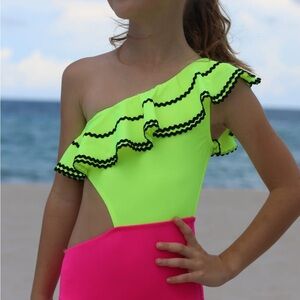Messi Byrd Vibrant Neon Green and Pink One-Shoulder Kids Swimsuit